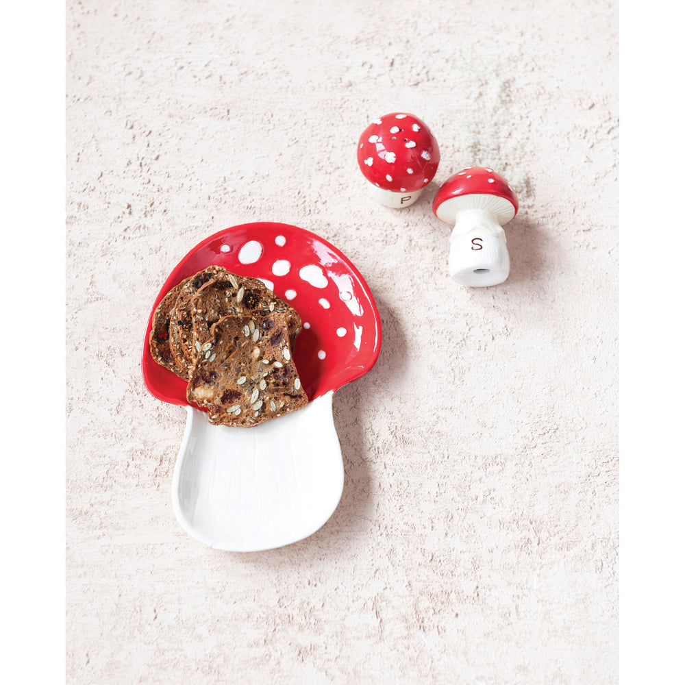 Creative Coop Home Decor Hand-Painted Ceramic Mushroom Shaped Salt & Pepper Shakers | Set of 2