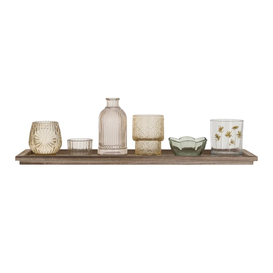 Creative Coop Home Decor Wood Tray w/ Embossed Glass Tealight/Votive Holders w/ Vase, Set of 7