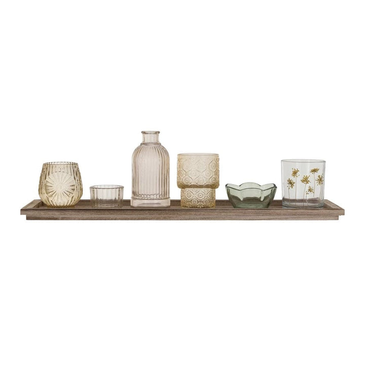 Creative Coop Home Decor Wood Tray w/ Embossed Glass Tealight/Votive Holders w/ Vase, Set of 7
