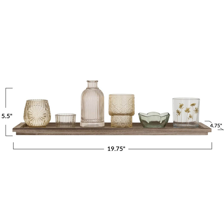 Creative Coop Home Decor Wood Tray w/ Embossed Glass Tealight/Votive Holders w/ Vase, Set of 7