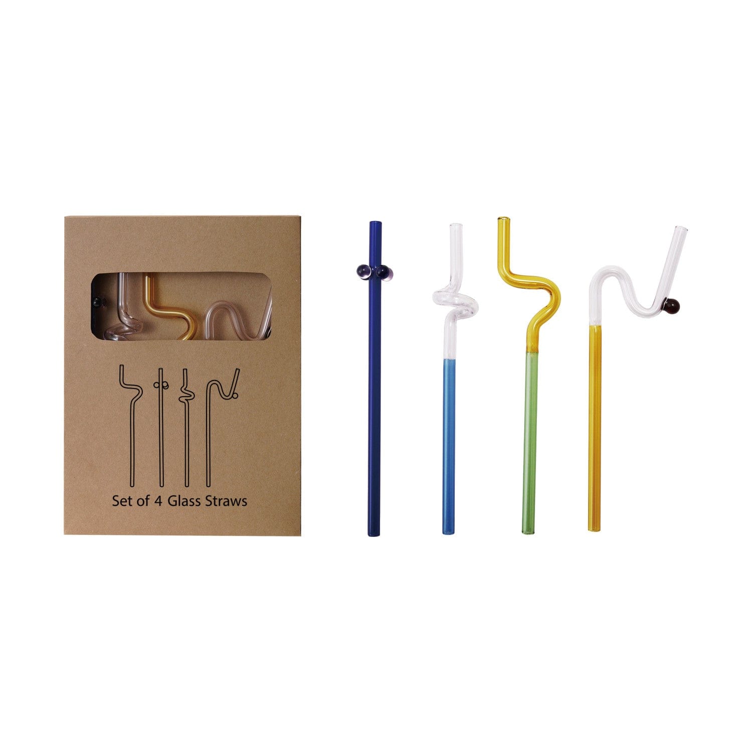 Creative Coop Home Glass Twisted Drinking Straws w/ Balls, Boxed Set of 4