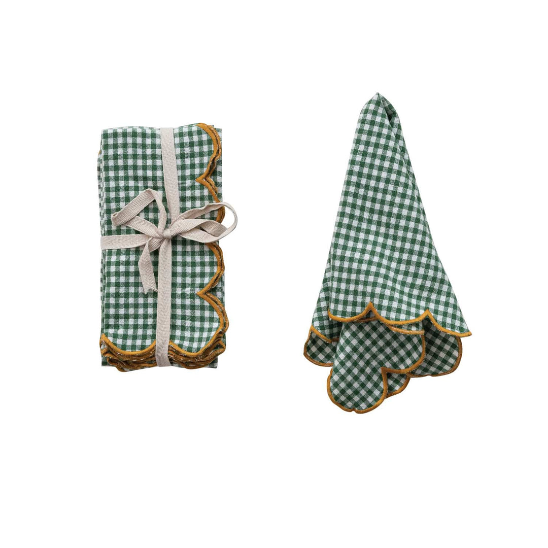 Creative Coop Home Green and Yellow Cotton Scalloped Napkins with Contrasting Stitched Edges, Set of 4 Tied with Cotton Tape