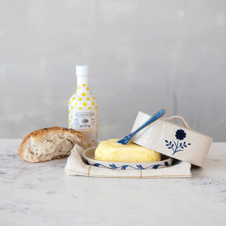 Creative Coop Home Hand-Painted Stoneware Butter Dish with Flower, Blue & White