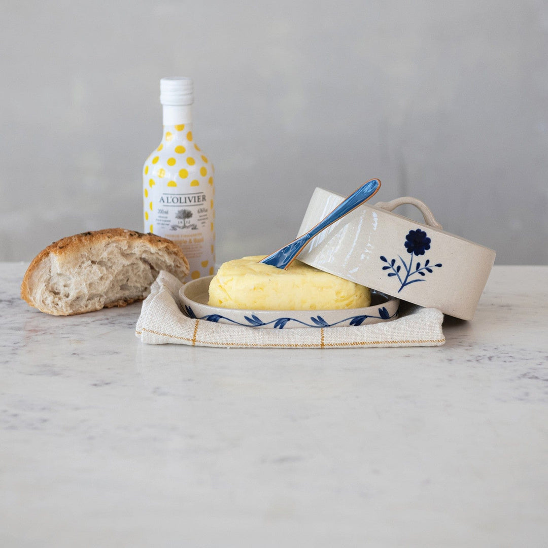 Creative Coop Home Hand-Painted Stoneware Butter Dish with Flower, Blue & White