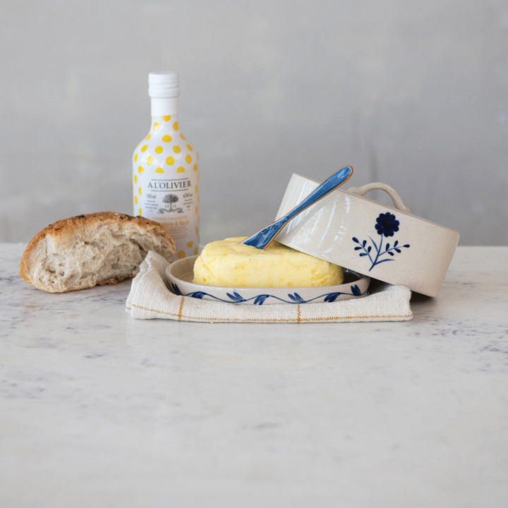 Creative Coop Home Hand-Painted Stoneware Butter Dish with Flower, Blue & White