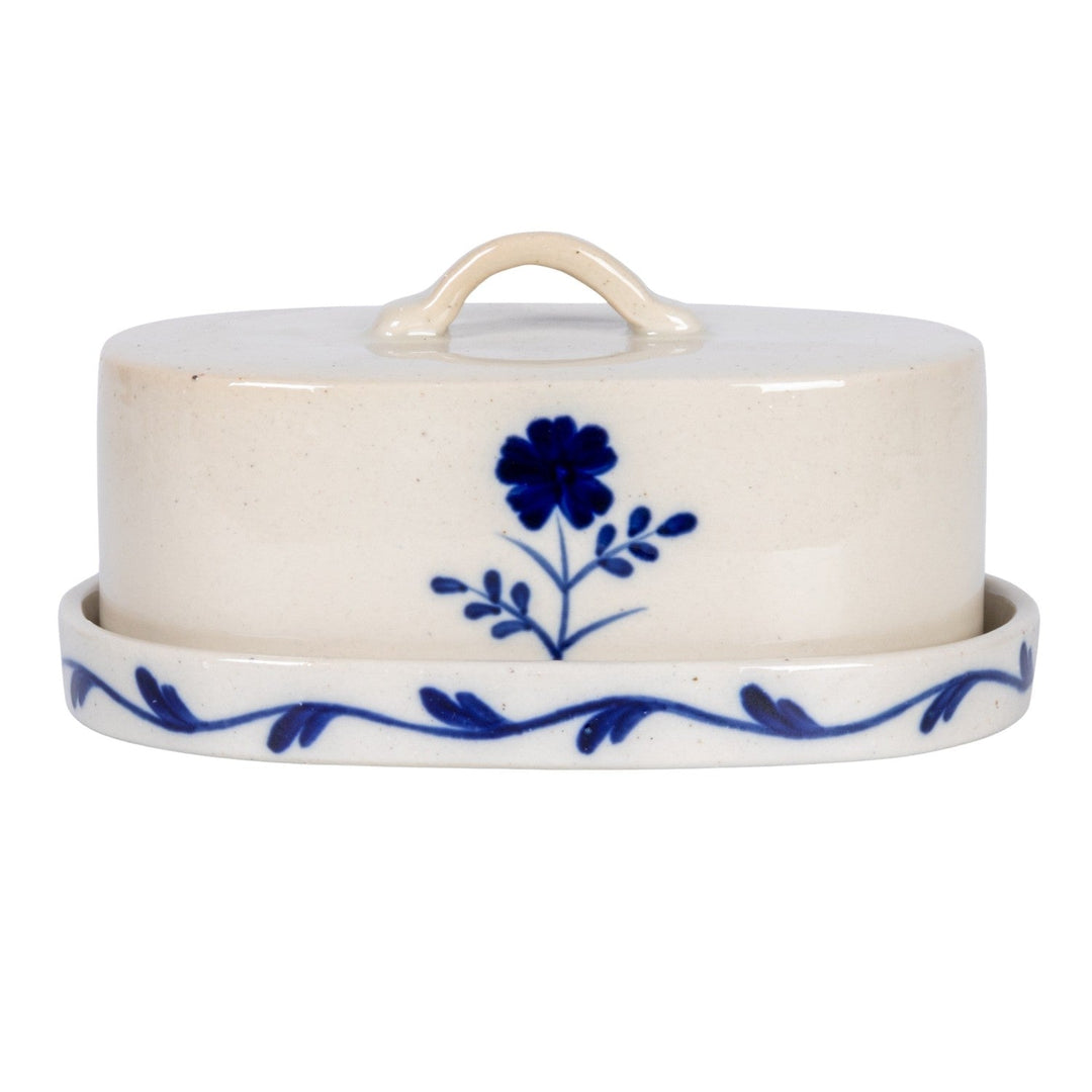 Creative Coop Home Hand-Painted Stoneware Butter Dish with Flower, Blue & White