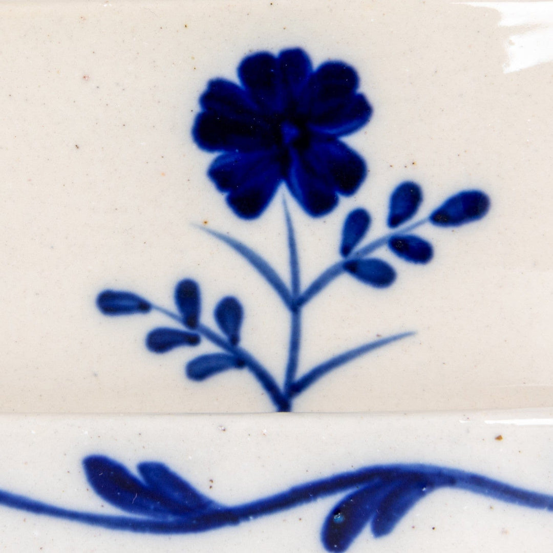 Creative Coop Home Hand-Painted Stoneware Butter Dish with Flower, Blue & White
