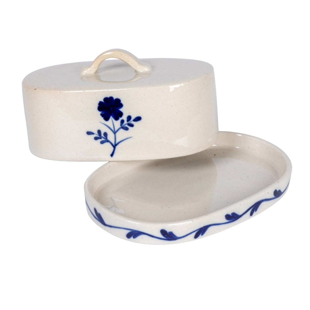 Creative Coop Home Hand-Painted Stoneware Butter Dish with Flower, Blue & White