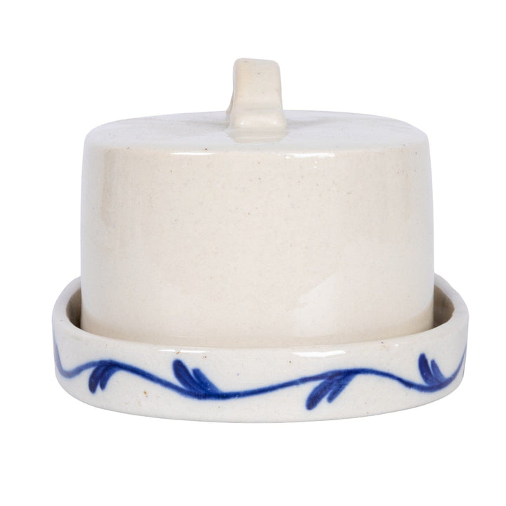 Creative Coop Home Hand-Painted Stoneware Butter Dish with Flower, Blue & White