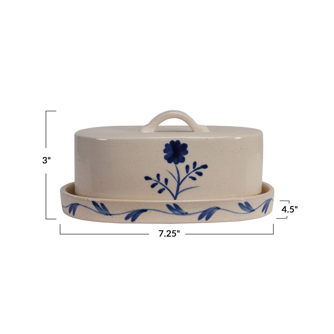 Creative Coop Home Hand-Painted Stoneware Butter Dish with Flower, Blue & White