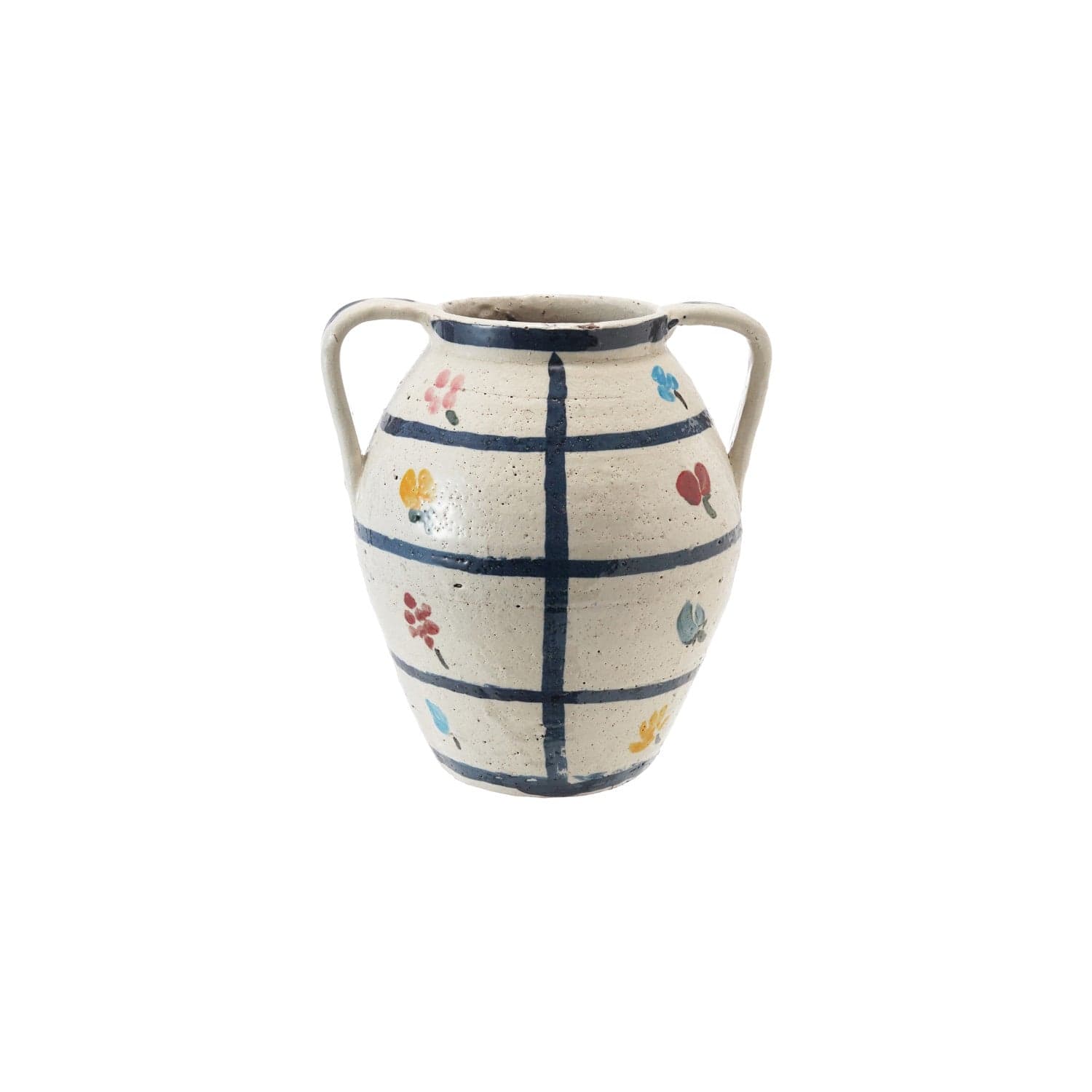 Creative Coop Home Hand-Painted Terra-cotta Urn w/ Flowers & Grid Pattern, Crackle Glaze (Each One Will Vary)