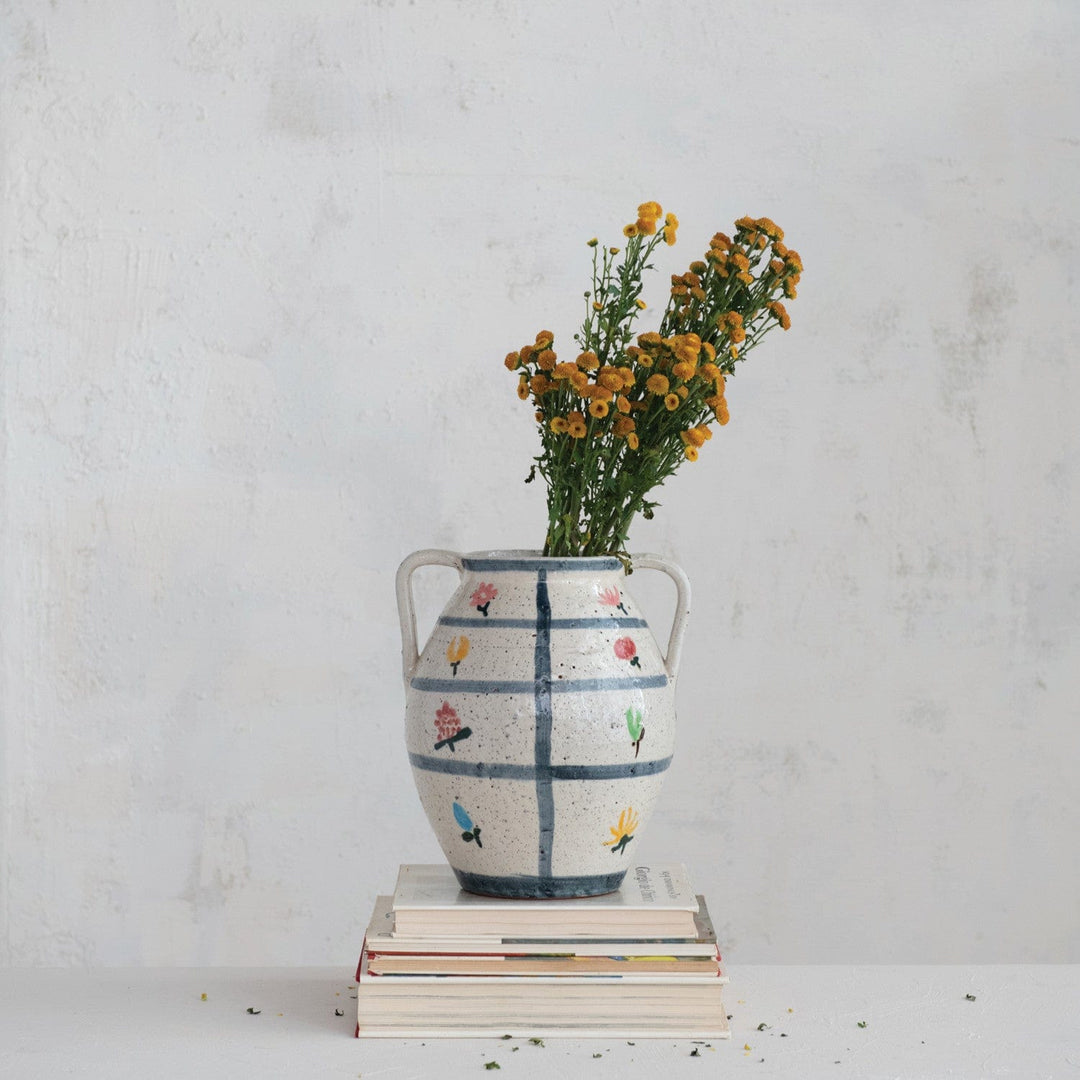 Creative Coop Home Hand-Painted Terra-cotta Urn with Flowers & Grid Pattern, Crackle Glaze (Each One Will Vary) - LOCAL PICKUP ONLY