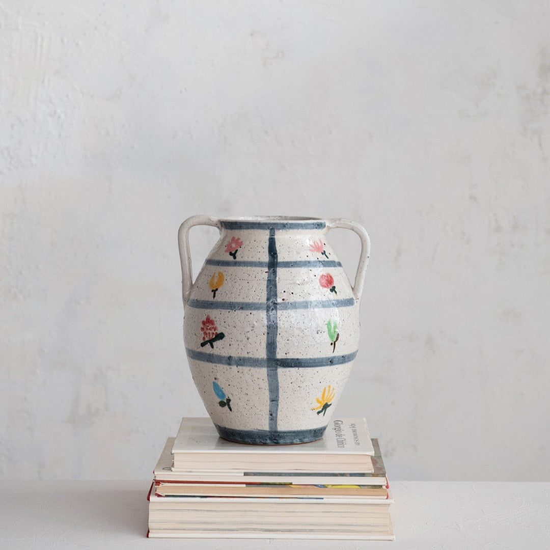 Creative Coop Home Hand-Painted Terra-cotta Urn with Flowers & Grid Pattern, Crackle Glaze (Each One Will Vary) - LOCAL PICKUP ONLY