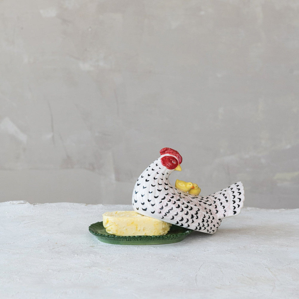 Creative Coop Home Hand-Painted Vintage Reproduction Hen Shaped Butter Dish with Chicks