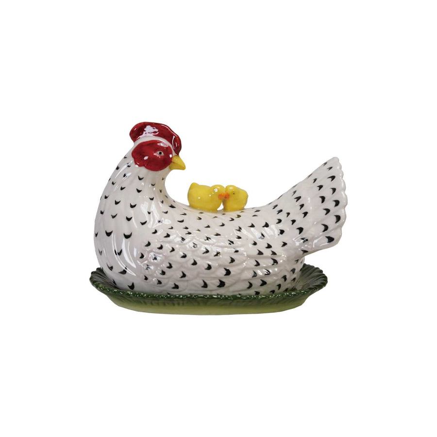 Creative Coop Home Hand-Painted Vintage Reproduction Hen Shaped Butter Dish with Chicks