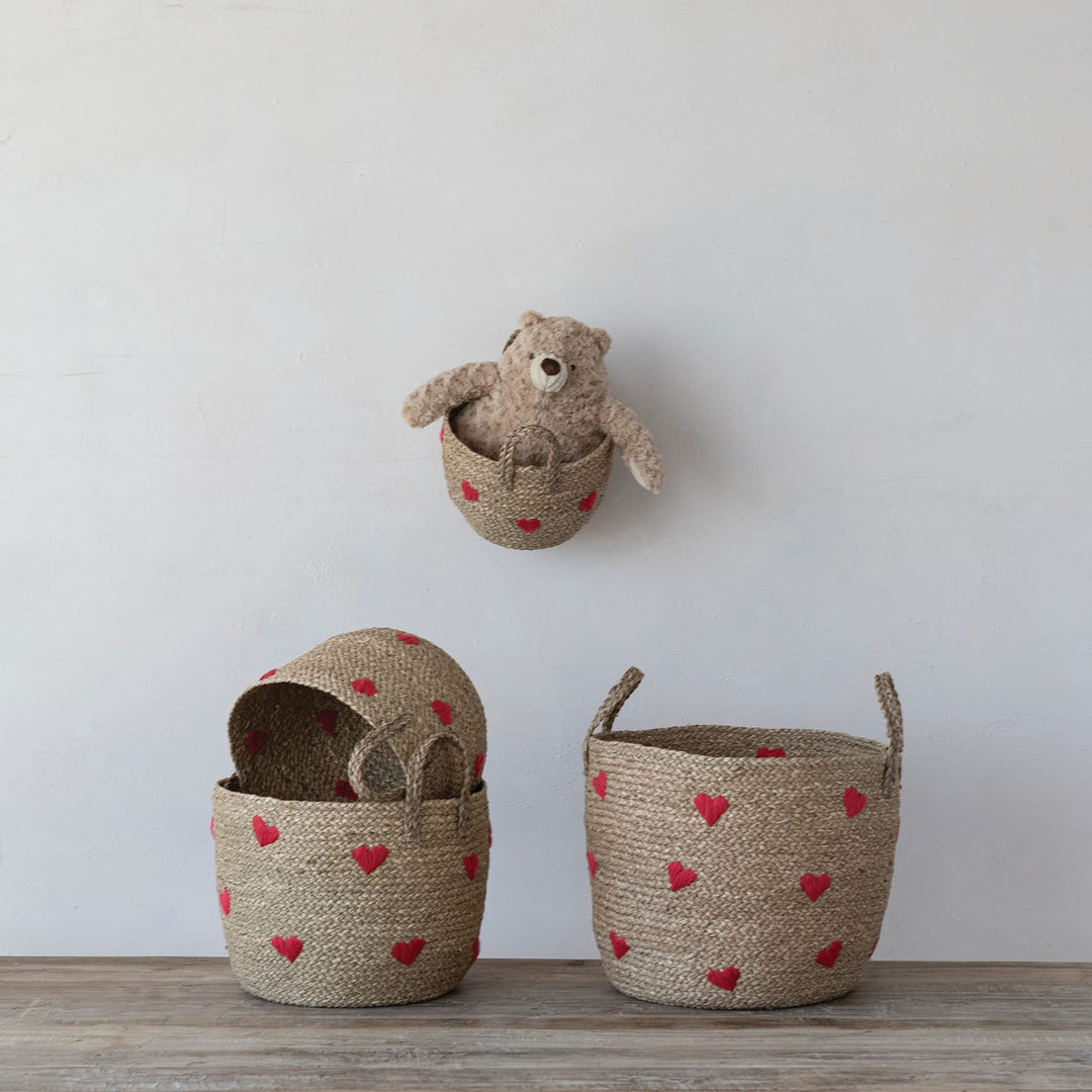 Creative Coop Home Hand-Woven Seagrass Baskets with Embroidered Hearts