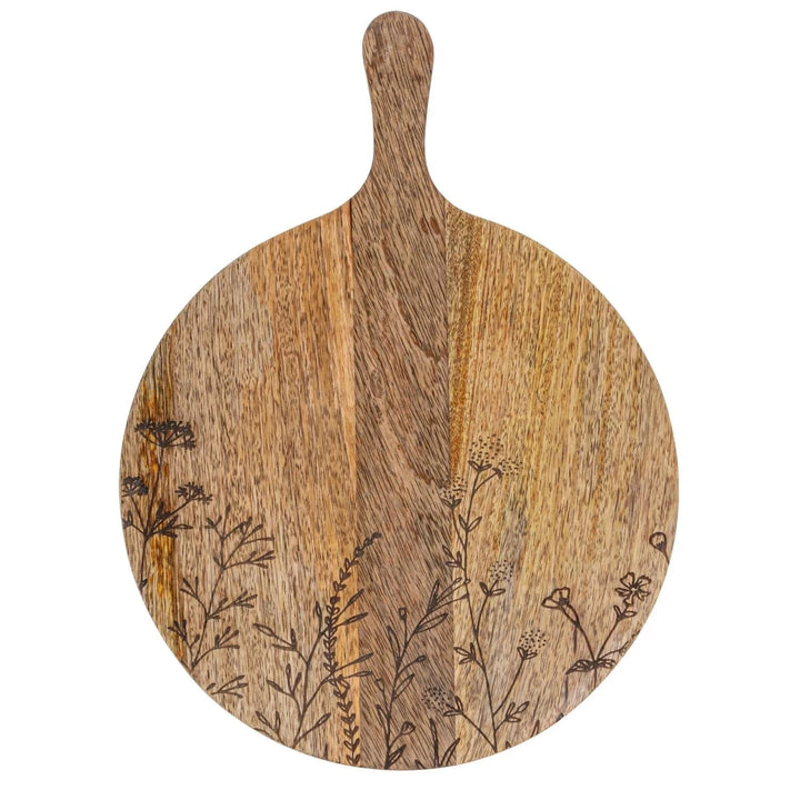 Creative Coop Home Mango Wood Cheese/Cutting Board w/ Laser Etched Botanicals