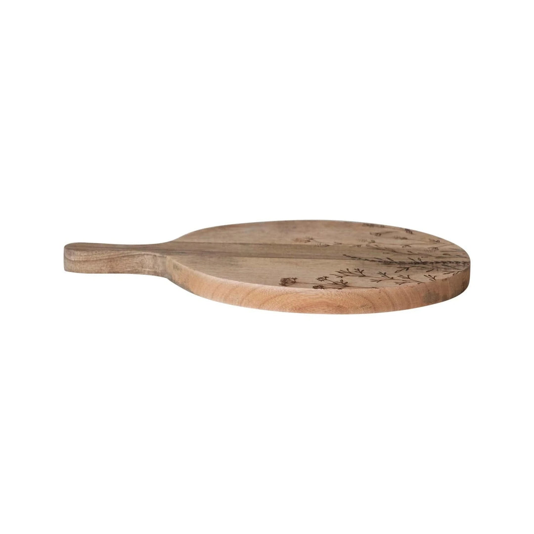 Creative Coop Home Mango Wood Cheese/Cutting Board w/ Laser Etched Botanicals