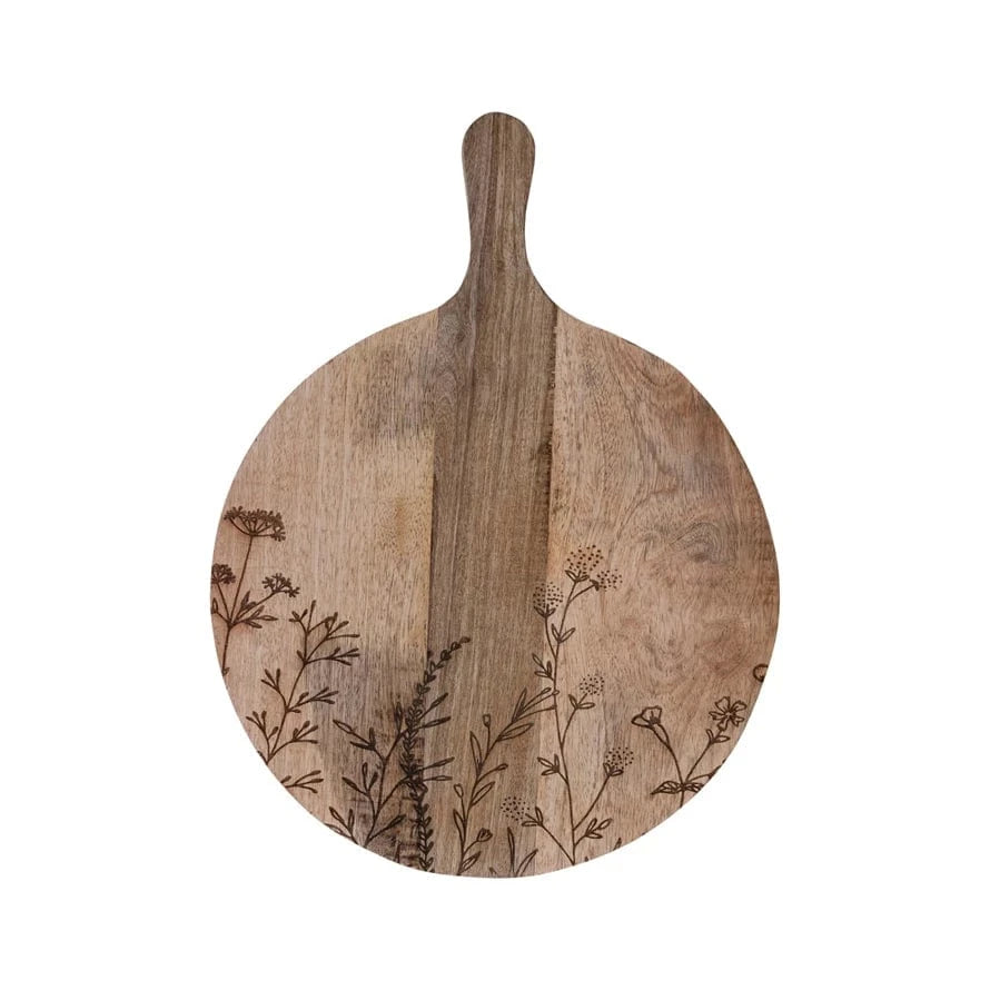 Creative Coop Home Mango Wood Cheese/Cutting Board w/ Laser Etched Botanicals
