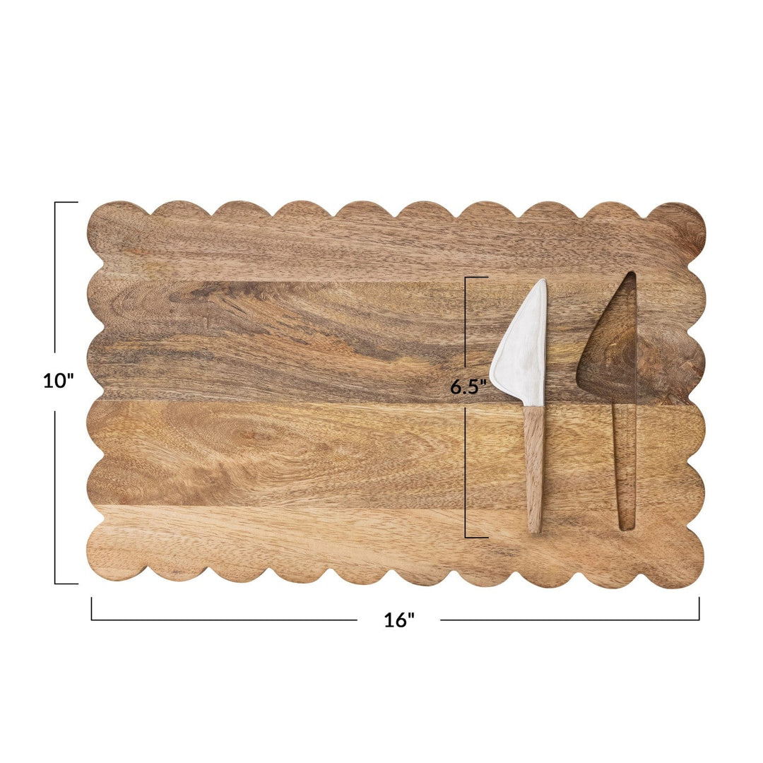 Creative Coop Home Mango Wood Scalloped Cheese/Serving Board w/ Stainless Steel Cheese Knife, Set of 2 - LOCAL PICKUP ONLY