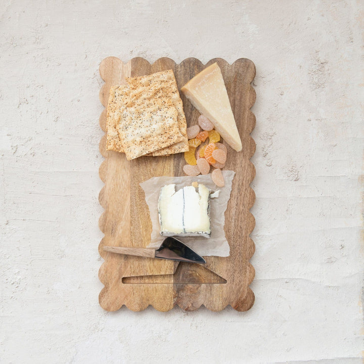 Creative Coop Home Mango Wood Scalloped Cheese/Serving Board w/ Stainless Steel Cheese Knife, Set of 2 - LOCAL PICKUP ONLY