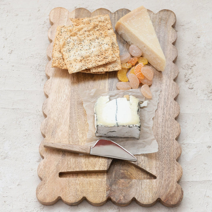 Creative Coop Home Mango Wood Scalloped Cheese/Serving Board w/ Stainless Steel Cheese Knife, Set of 2 - LOCAL PICKUP ONLY