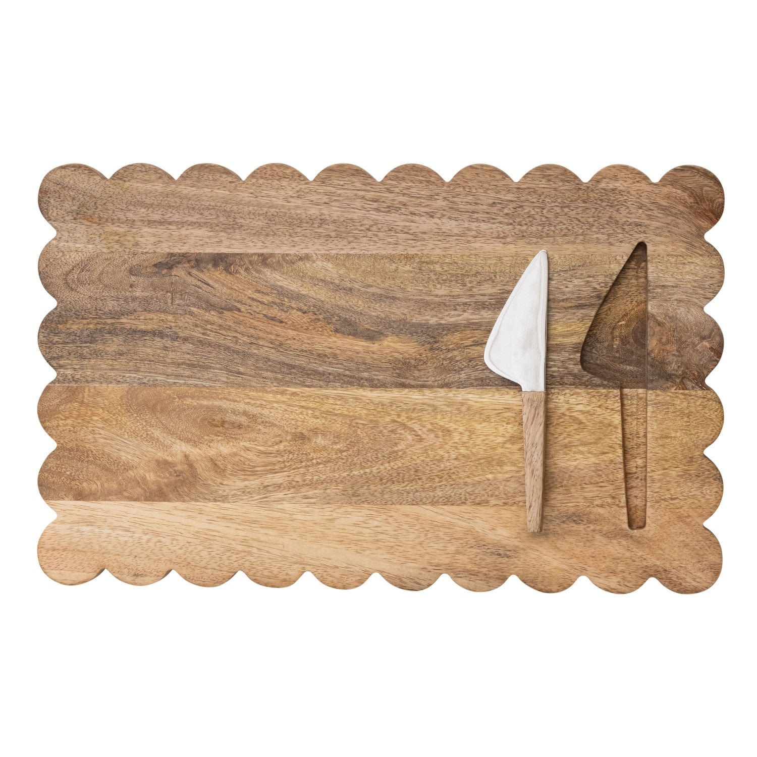 Creative Coop Home Mango Wood Scalloped Cheese/Serving Board w/ Stainless Steel Cheese Knife, Set of 2 - LOCAL PICKUP ONLY
