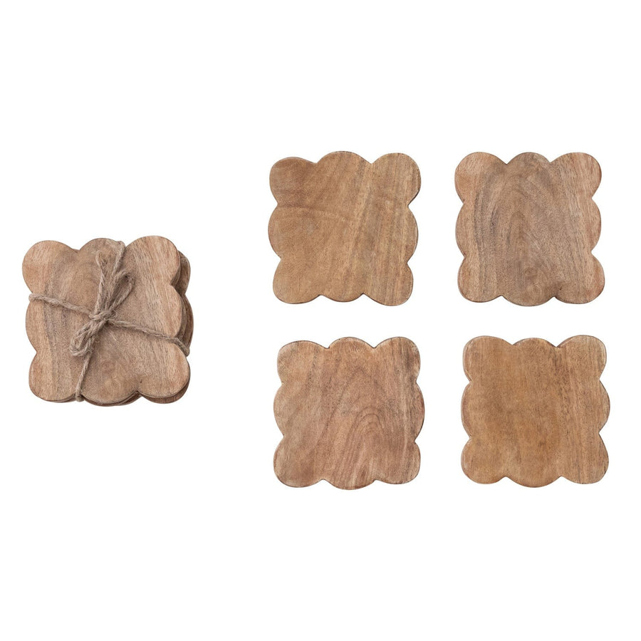 Creative Coop Home Mango Wood Scalloped Coasters, Natural, Set of 4 Tied w/ Jute