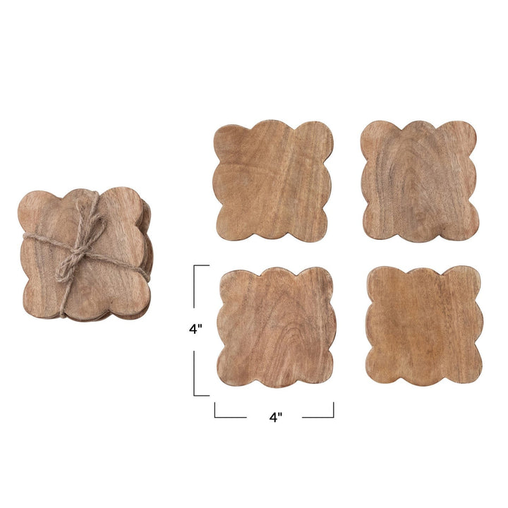 Creative Coop Home Mango Wood Scalloped Coasters, Natural, Set of 4 Tied w/ Jute