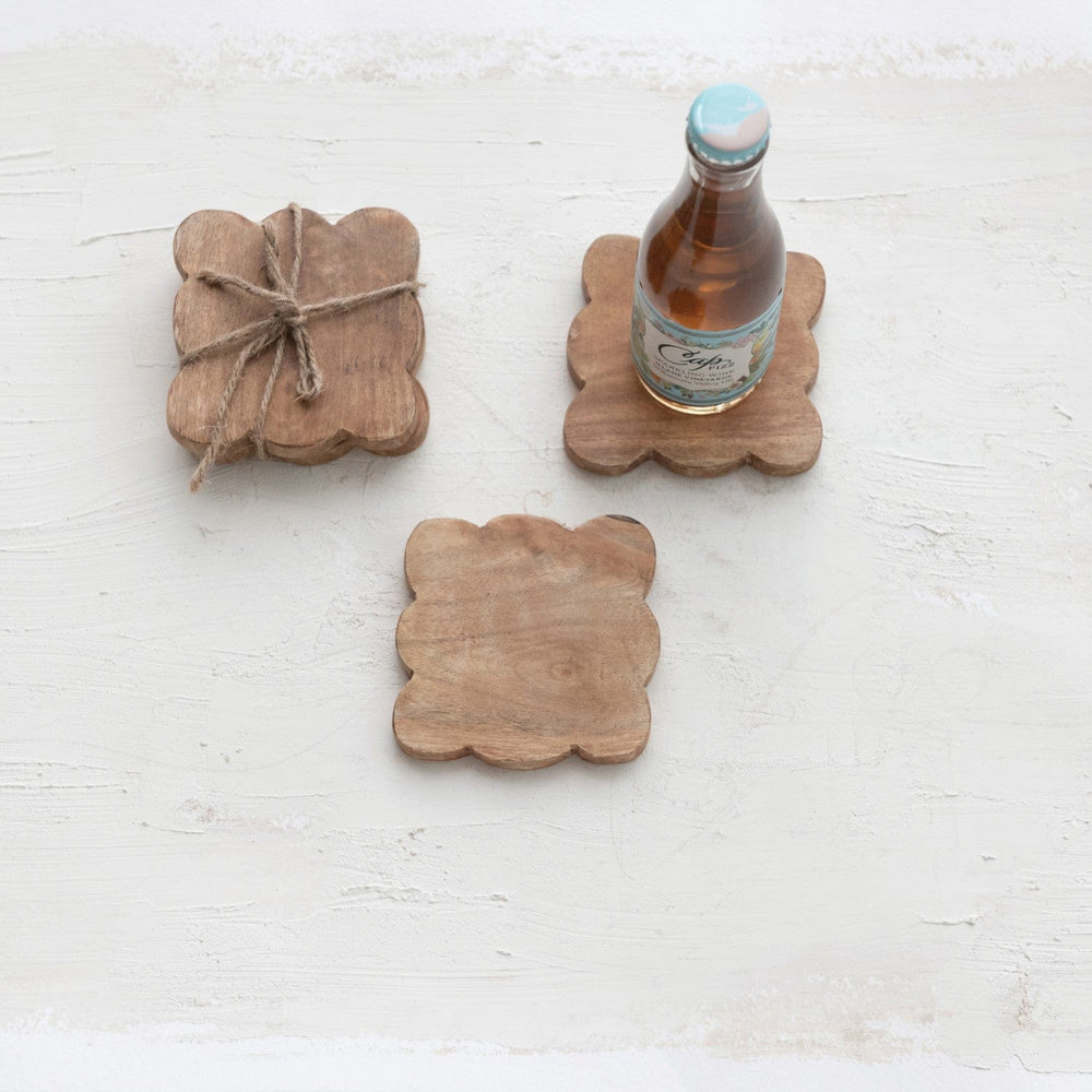 Creative Coop Home Mango Wood Scalloped Coasters, Natural, Set of 4 Tied w/ Jute