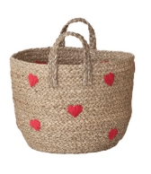 Creative Coop Home Medium Hand-Woven Seagrass Baskets with Embroidered Hearts