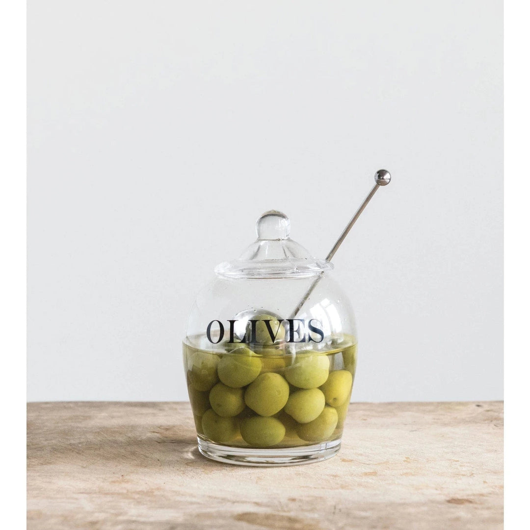 Creative Coop Home Olives Glass Jar with Slotted Spoon