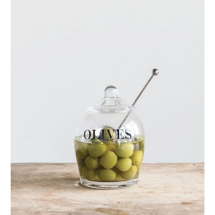 Creative Coop Home Olives Glass Jar with Slotted Spoon