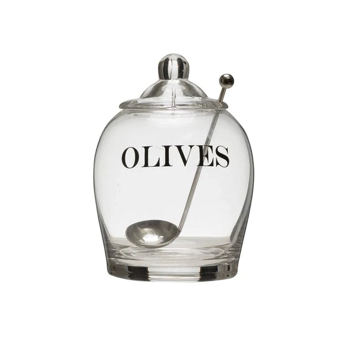 Creative Coop Home Olives Glass Jar with Slotted Spoon