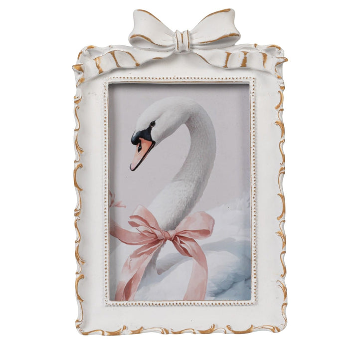 Creative Coop Home Photo Frame with Bow, Antique White &amp; Gold Finish (Holds 4" x 6" Photo)