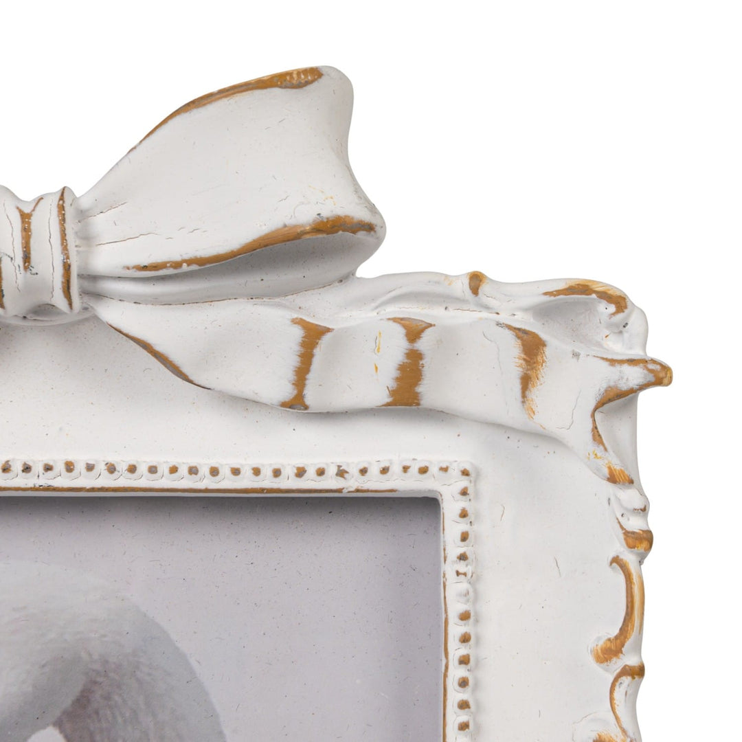 Creative Coop Home Photo Frame with Bow, Antique White &amp; Gold Finish (Holds 4" x 6" Photo)