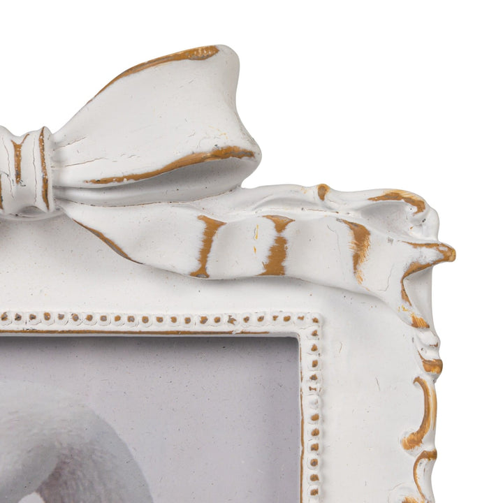 Creative Coop Home Photo Frame with Bow, Antique White &amp; Gold Finish (Holds 4" x 6" Photo)