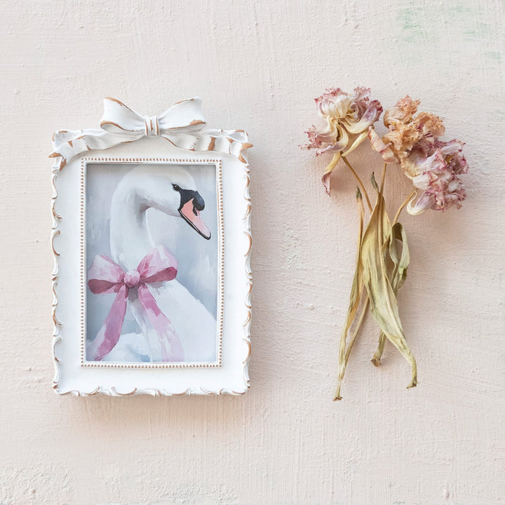 Creative Coop Home Photo Frame with Bow, Antique White &amp; Gold Finish (Holds 4" x 6" Photo)