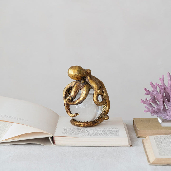 Creative Coop Home Resin Octopus on Glass Ball with Gold Leaf Finish - LOCAL PICKUP ONLY