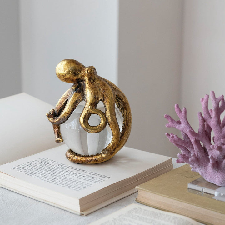 Creative Coop Home Resin Octopus on Glass Ball with Gold Leaf Finish - LOCAL PICKUP ONLY