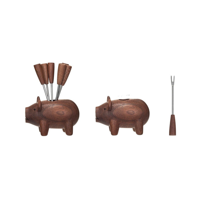 Creative Coop Home Sapele Wood Pig Shaped Holder with 6 Appetizer Forks