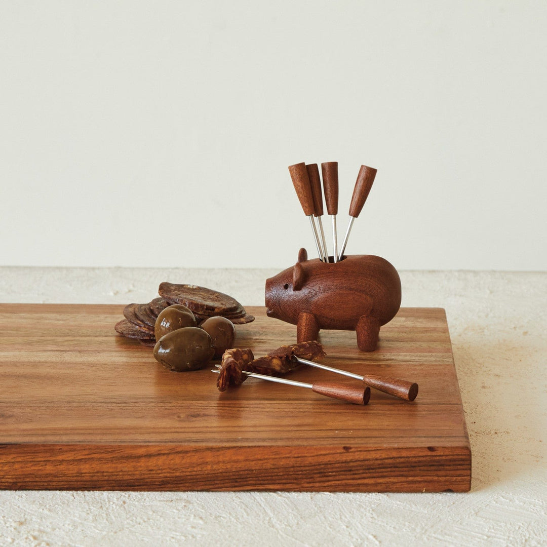 Creative Coop Home Sapele Wood Pig Shaped Holder with 6 Appetizer Forks
