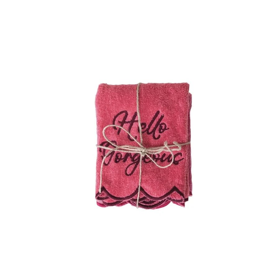 Creative Coop Home Scalloped Cotton Terry Wash Cloths with Embroidered Saying, Set of 2