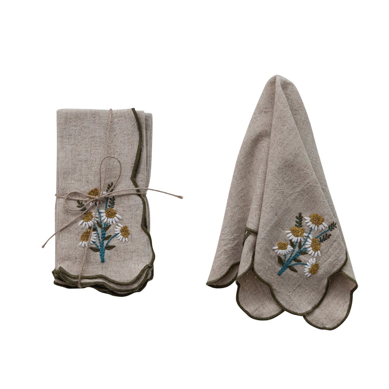 Creative Coop Home Scalloped Napkins with Contrasting Stitched Edges, Set of 4 Tied with Jute