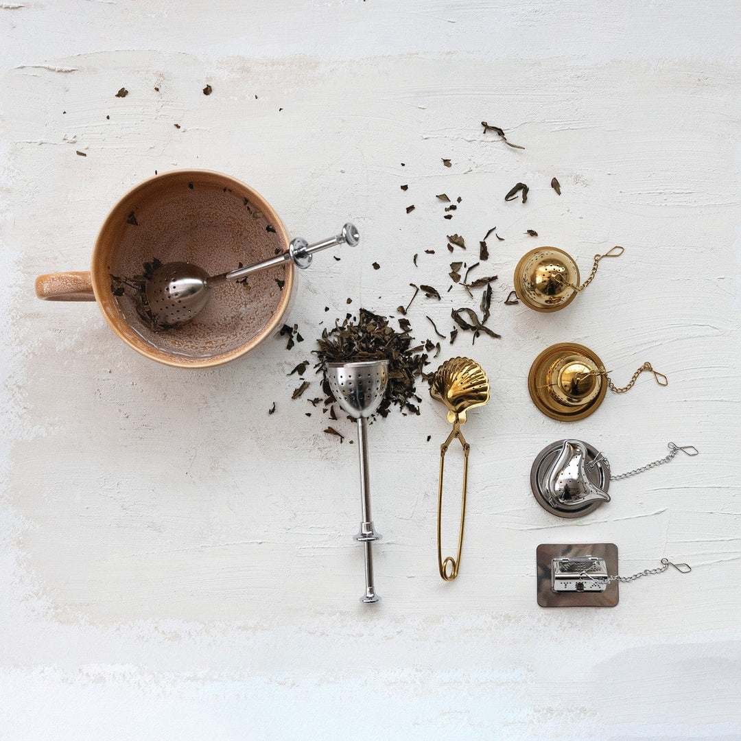 Creative Coop Home Stainless Steel Shaped Loose Tea Infuser with Dish, Gold/Nickel Finish