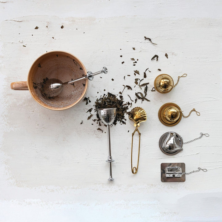 Creative Coop Home Stainless Steel Shaped Loose Tea Infuser with Dish, Gold/Nickel Finish
