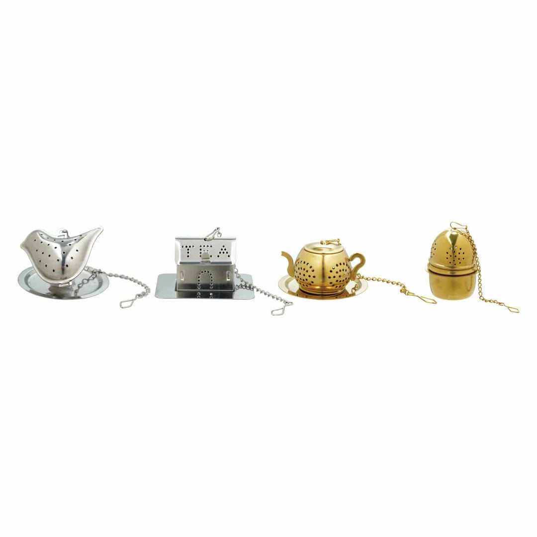 Creative Coop Home Stainless Steel Shaped Loose Tea Infuser with Dish, Gold/Nickel Finish
