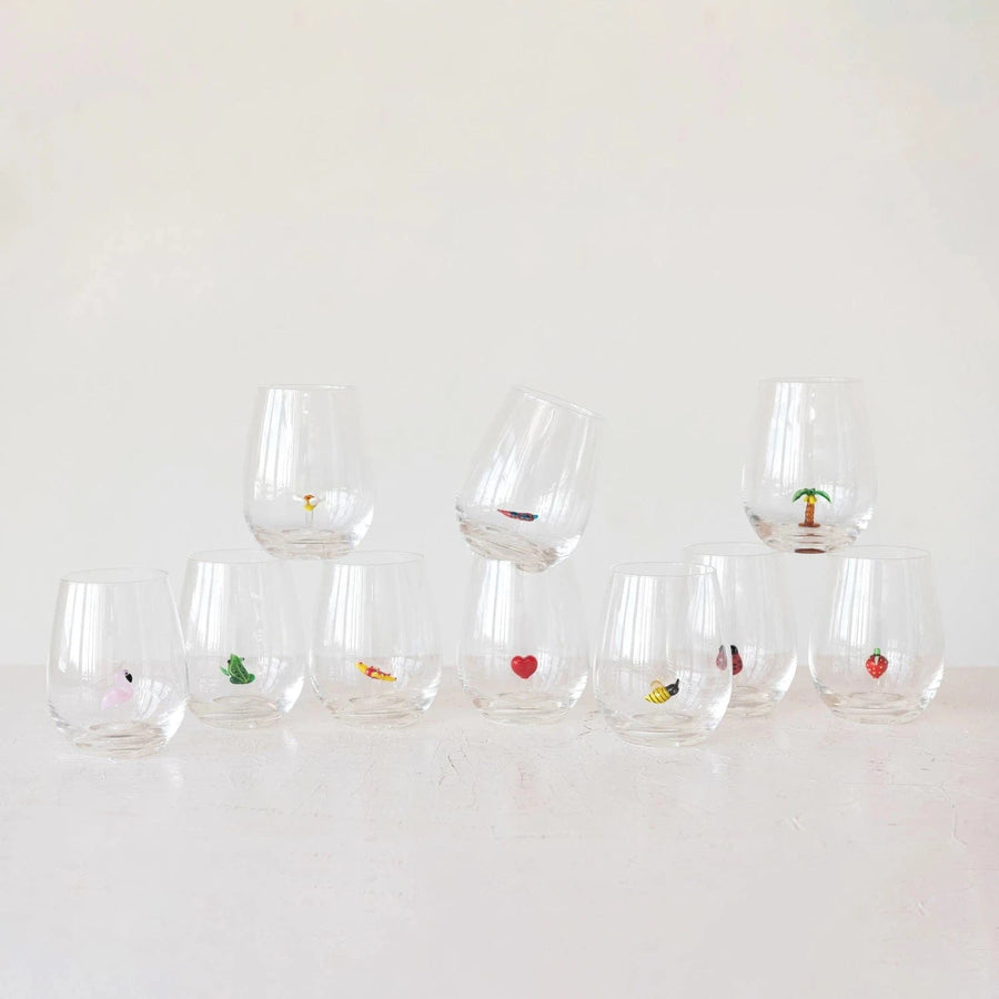 Creative Coop Home Stemless Wine Glass with Hand-Blown Figure Inside