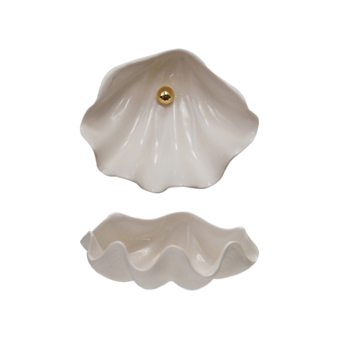 Creative Coop Home Stoneware Clam Shell Shaped Dish with Gold Electroplated Faux Pearl