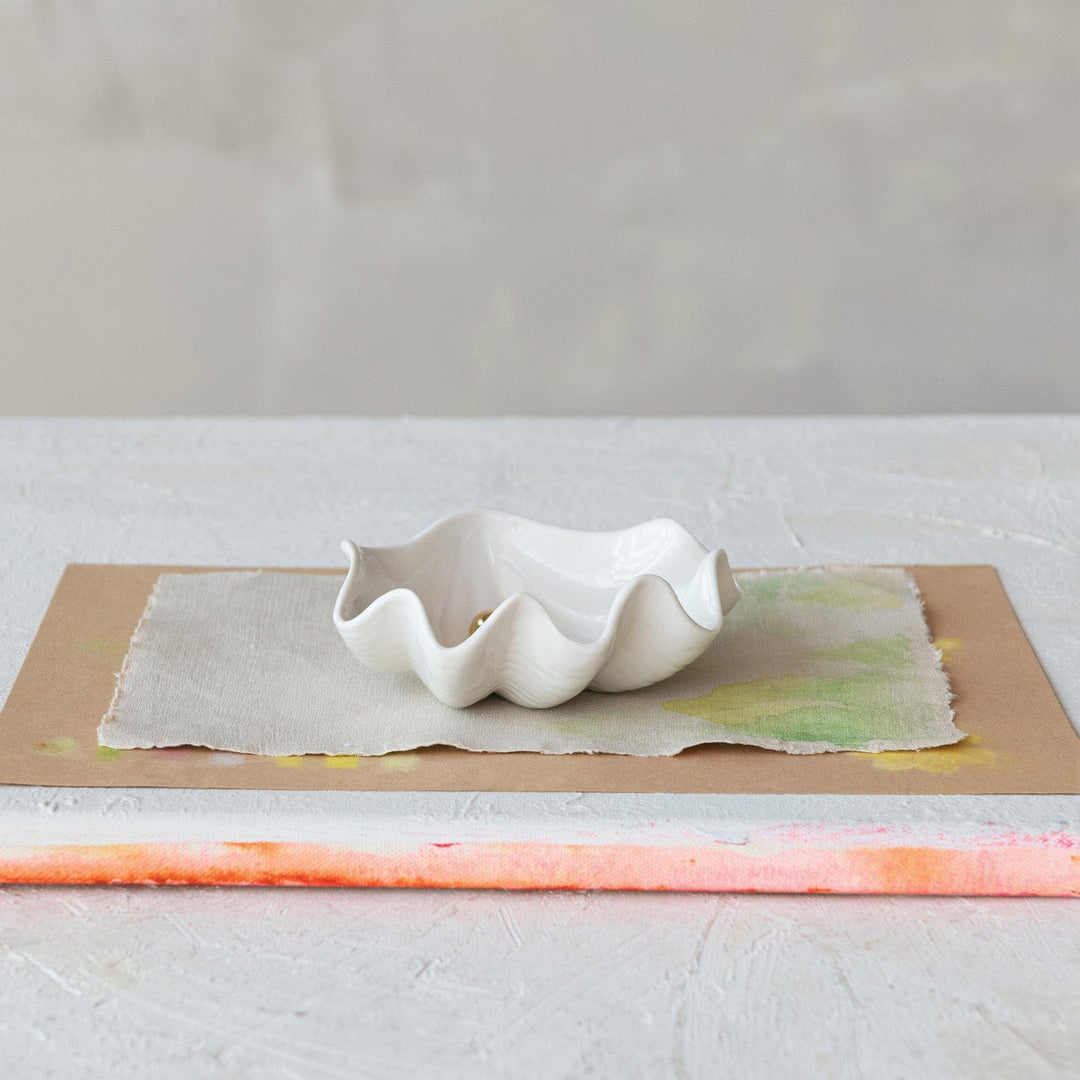 Creative Coop Home Stoneware Clam Shell Shaped Dish with Gold Electroplated Faux Pearl